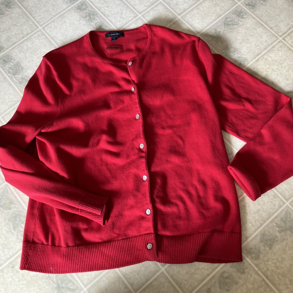 Lands' End Solid Cardigan Long Sleeve Red Supima Cotton Blend Size Large